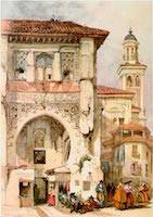 Corral del Carbon y torre campanario del convento del Carmen. David Roberts (1836)