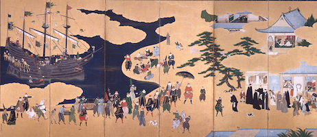Biombo. Llegada de los bárbaros del sur (Nanban-jin). Escuela de Kano (c. 1600)